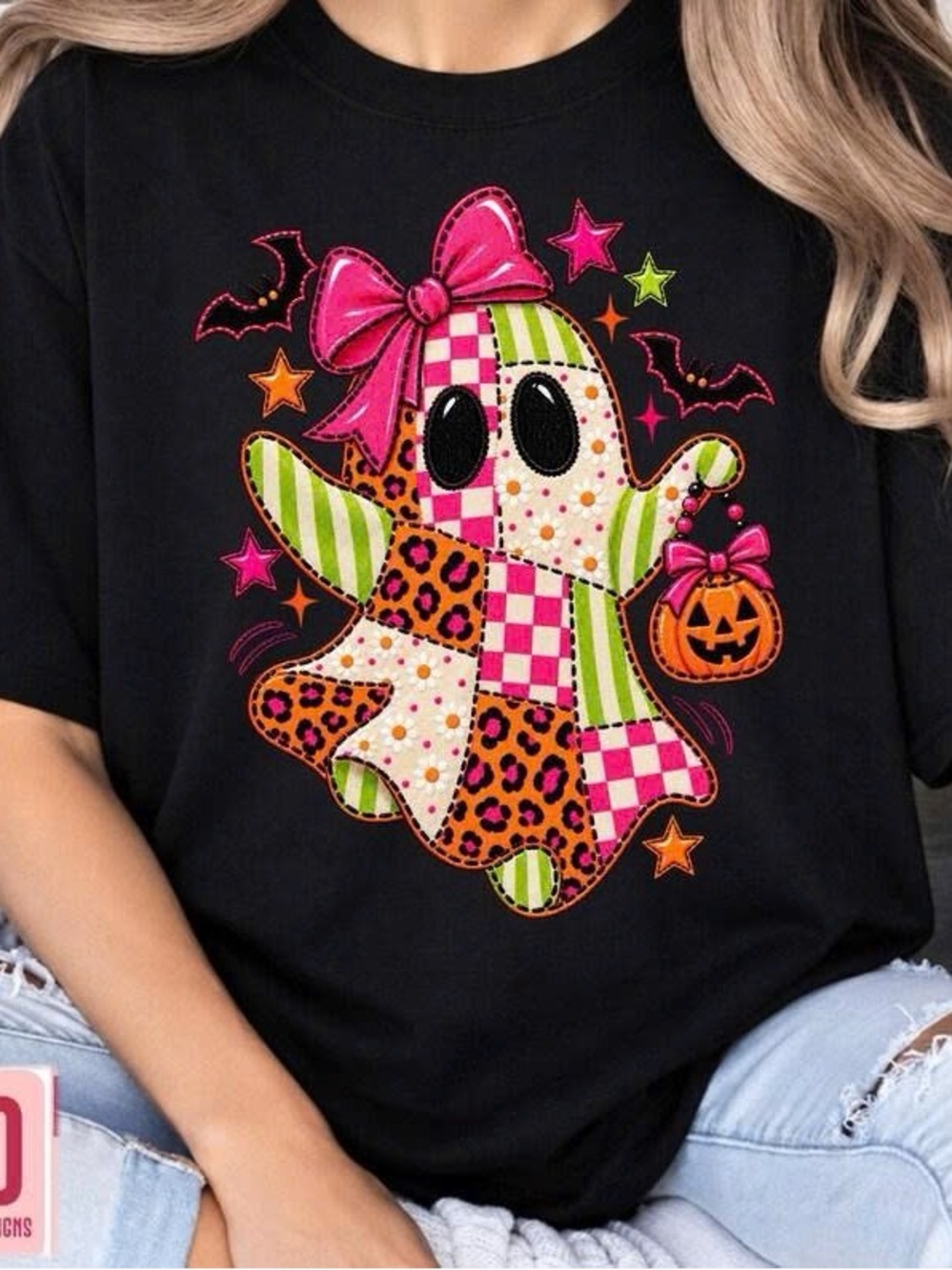 Gildan Black Tee with Colorful Patchwork Ghost and Pink Bow